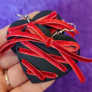 Ribbon Lace Up Heart Earrings - Fall Colors