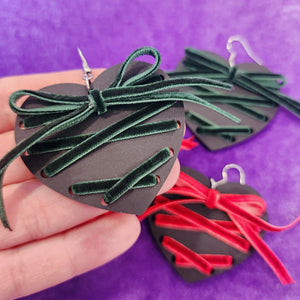 Ribbon Lace Up Heart Earrings - Fall Colors