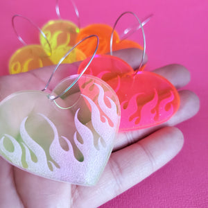 Flame Heart Earrings - Neon and Holographic