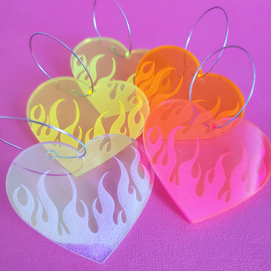 Flame Heart Earrings - Neon and Holographic