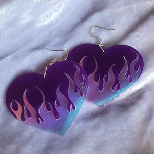 Flame Heart Earrings Holographic - Two Tone Color