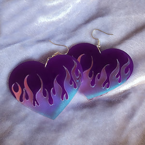 Flame Heart Earrings Holographic - Two Tone Color