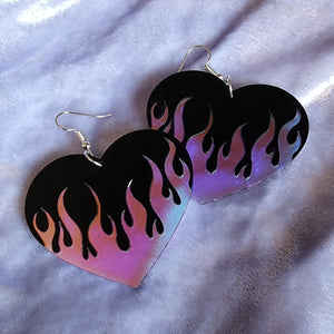 Flame Heart Earrings Holographic - Two Tone Color